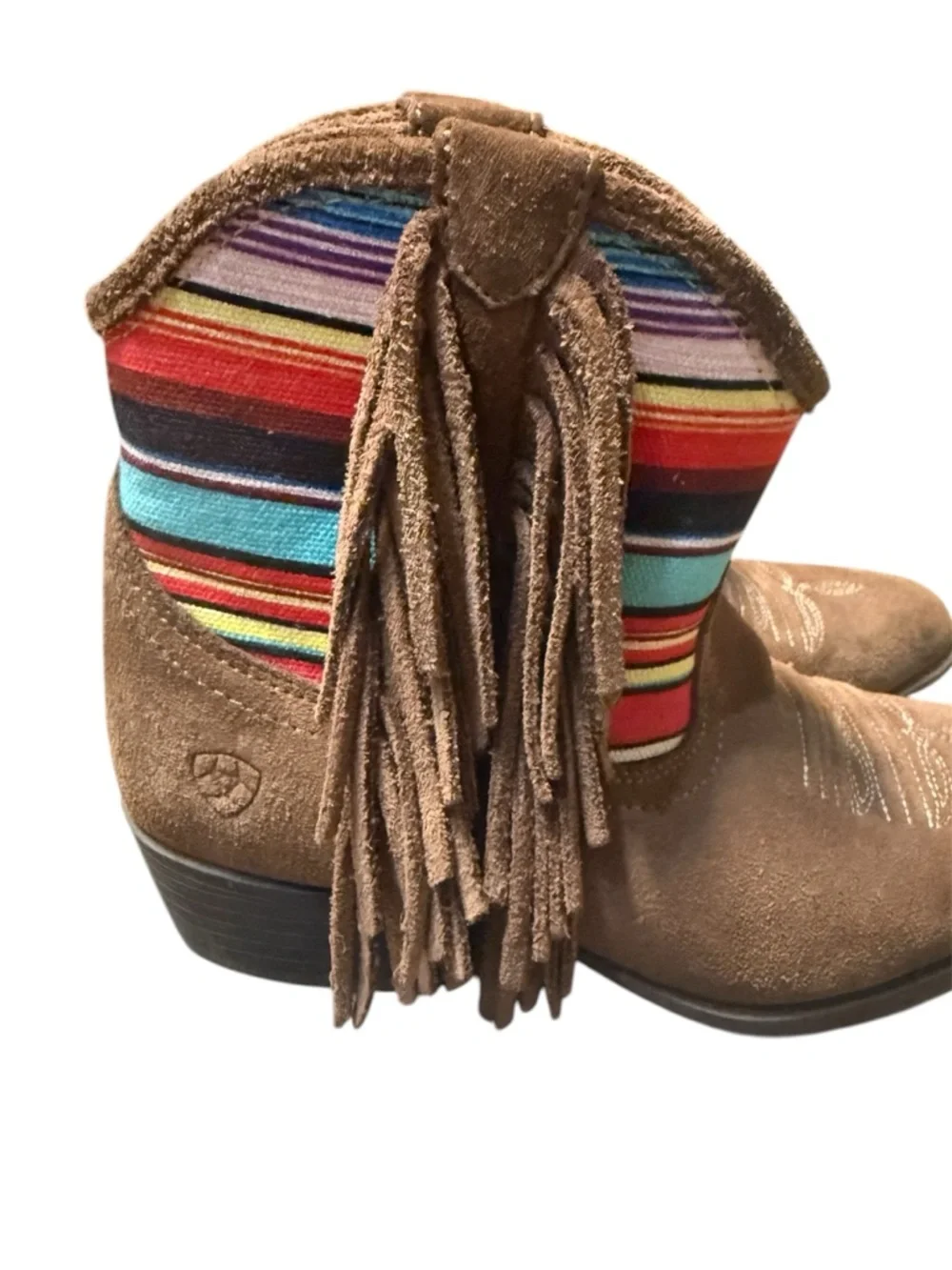 Ariat Brown Suede Fringe Ankle Boots with Multicolor Stripe Detail size 2